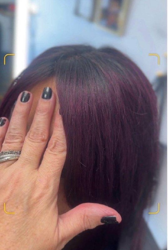 After — full burgundy hair
