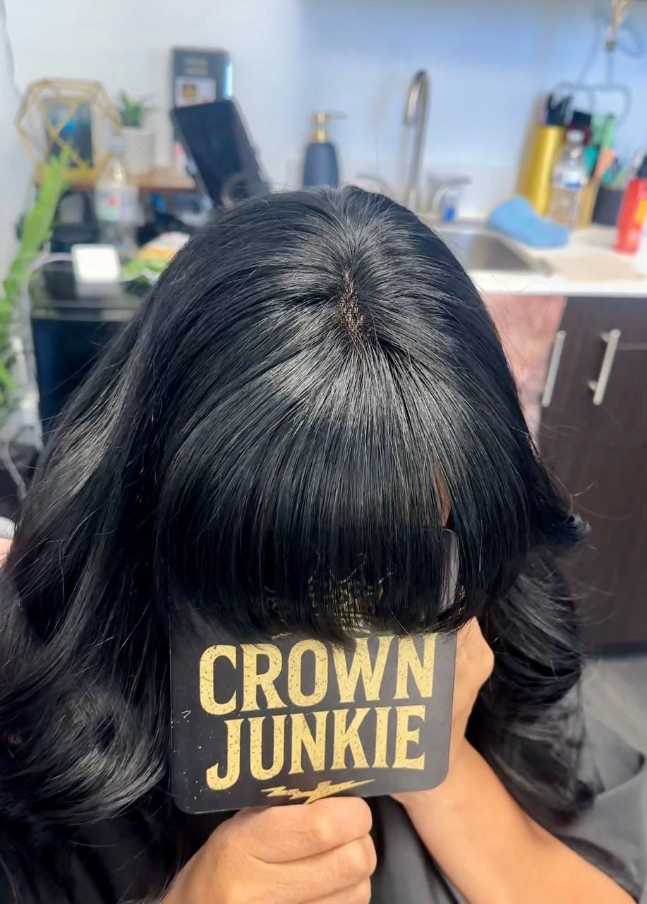 After — full jet black hair replacement result